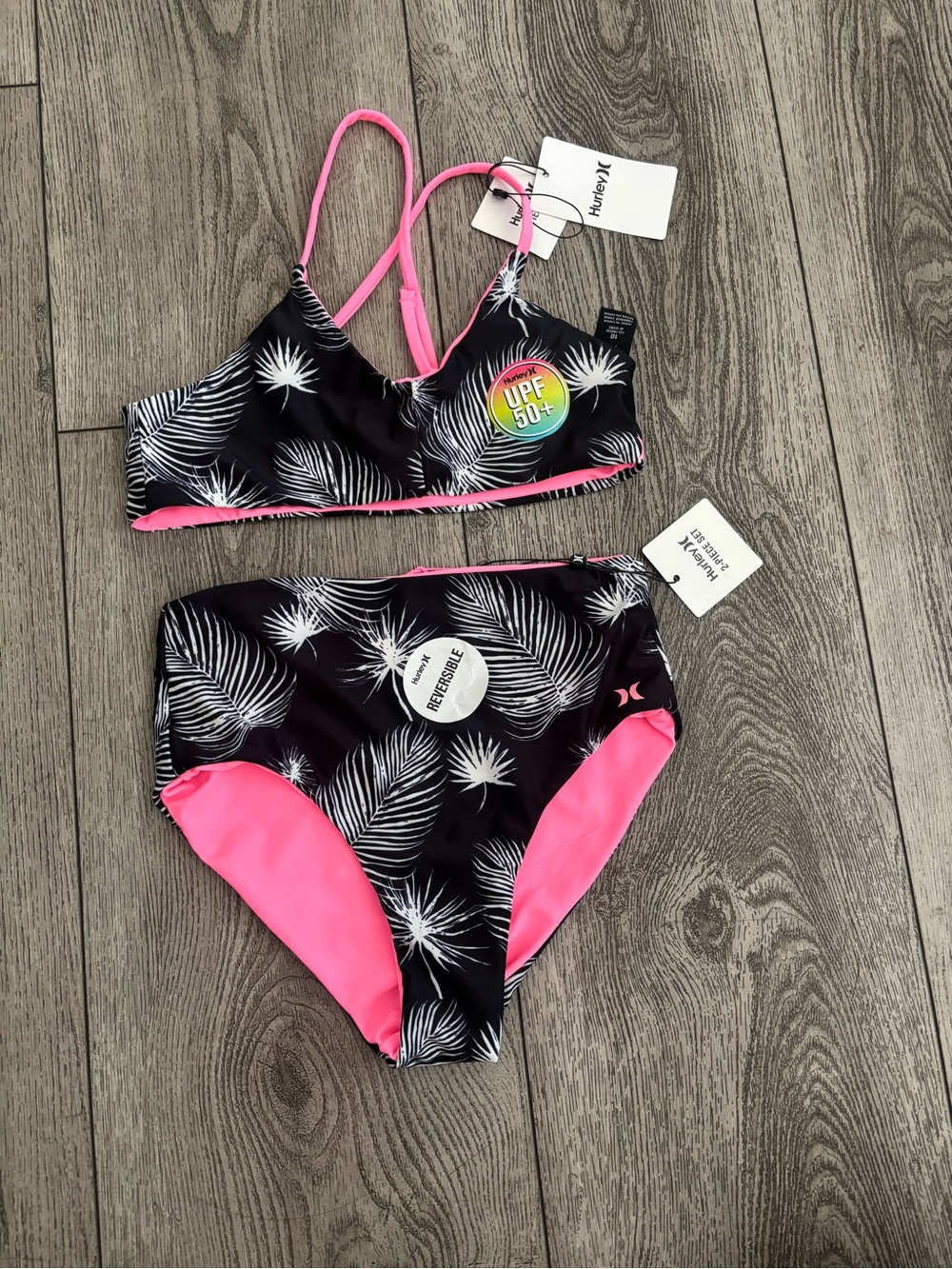 Hurley Black & Hot Pink Palm-Print Girls' Two-Piece Swim Set
